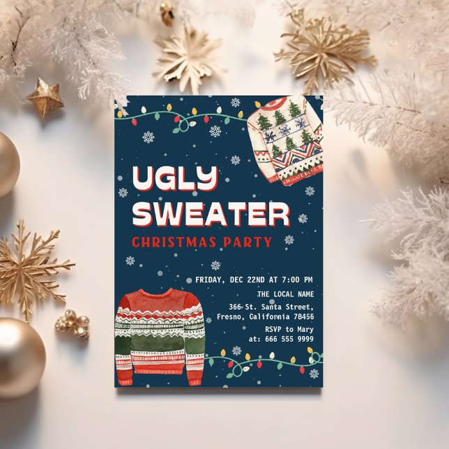 Invitation Funny Ugly Sweater Christmas Party (Funny ugly sweater blue christmas party invitation)