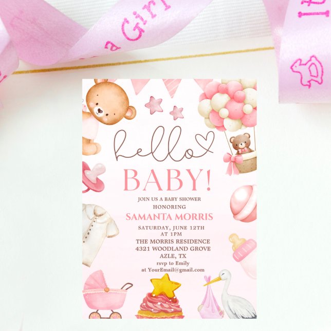 Invitation funny watercolor pink teddy bear girl baby shower  (Créateur téléchargé)