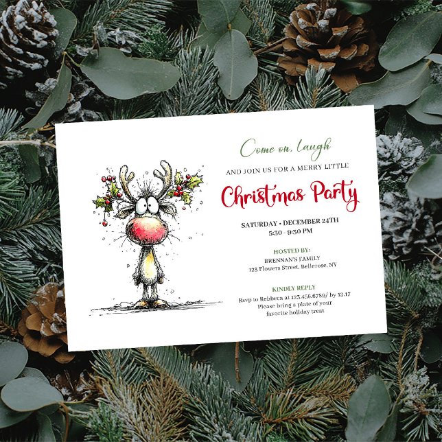 Invitation Funny watercolor reindeer Christmas party invite (Whimsical Reindeer Christmas Party Invite Design)