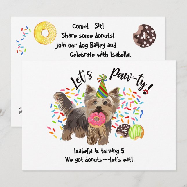 Invitation Funny Yorkshire Terrier Chien Donuts Anniversaire (Devant / Derrière)