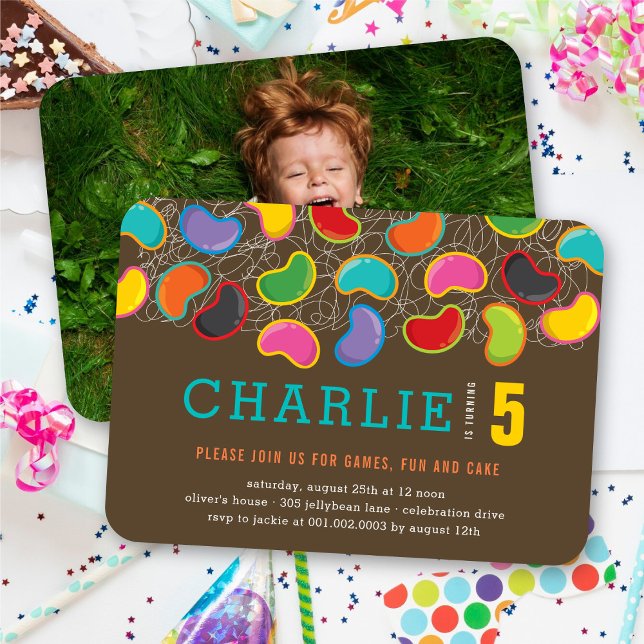 Invitation Funs rétro Jellybeans Pop Photo Enfants Fête d'ann (Colorful Fun Retro Jellybeans Pop Photo Kid's Birthday Party Invitation @ fat_fa_tin)