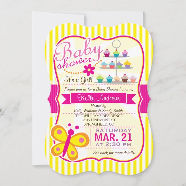 Invitation Fuschia Baby shower de fille papillon rose et jaun (Devant)