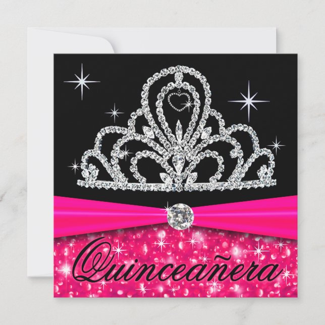 Invitation Fuschia Black Quinceanera Princesse Tiara Bling (Devant)