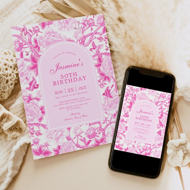 Invitation Fuschia Chinoiserie Jardin Floral 50e Anniversaire (Créateur téléchargé)
