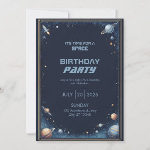 Invitation Fusée Aquarelle Or Marine Planète Bordure Annivers