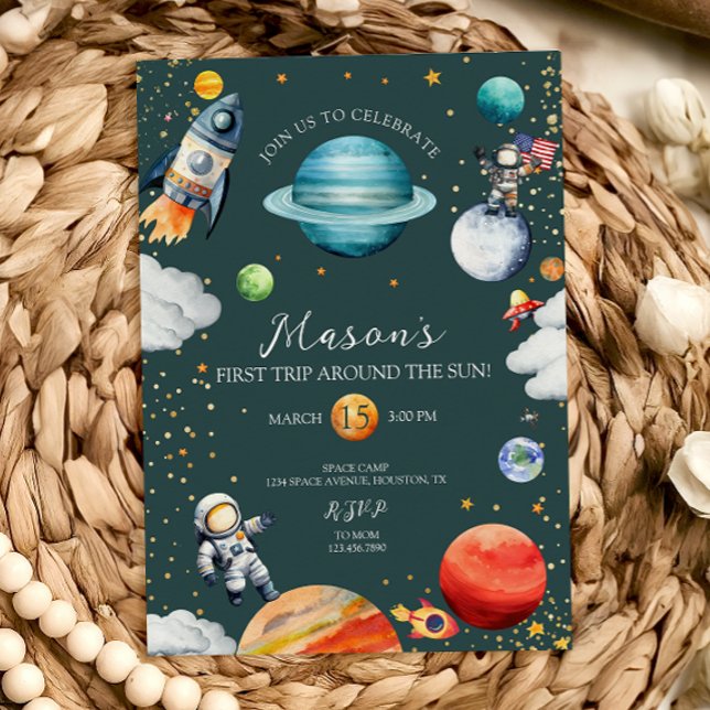 Invitation Fusée & Astronaute Premier Voyage Autour du Soleil (Créateur téléchargé)