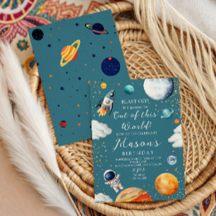 Invitation Fusée bleue hors de ce monde et enfants astronaute