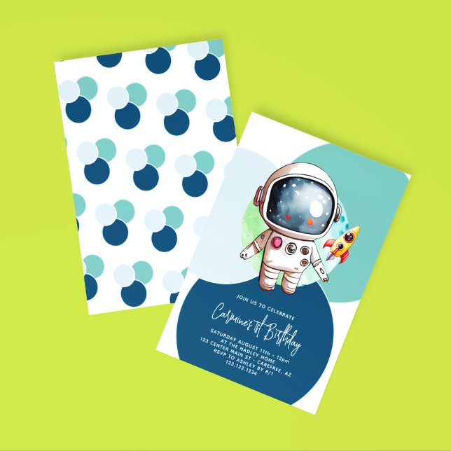 Invitation Fusée de Lune d'Astronaute Bleu 1er Anniversaire (Créateur téléchargé)
