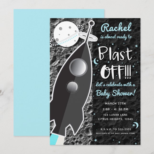 Invitation FUSÉE POUR LA LUNE Baby Shower Espace (Devant / Derrière)