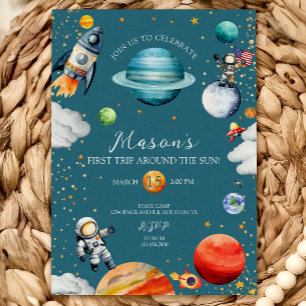 Invitation Fusée spatiale bleue & Astronaute 1er voyage autou