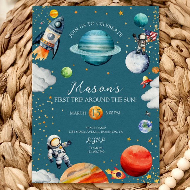 Invitation Fusée spatiale bleue & Astronaute 1er voyage autou (Créateur téléchargé)