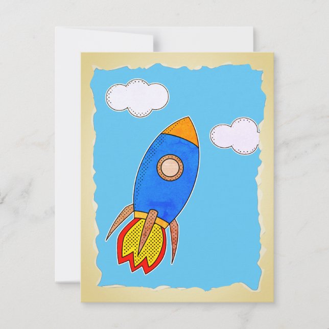 Invitation Fusée spatiale de dessin animé dans un ciel bleu p (Devant)