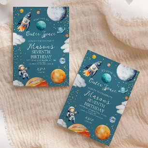 Invitation Fusée spatiale extérieure bleue et anniversaire de