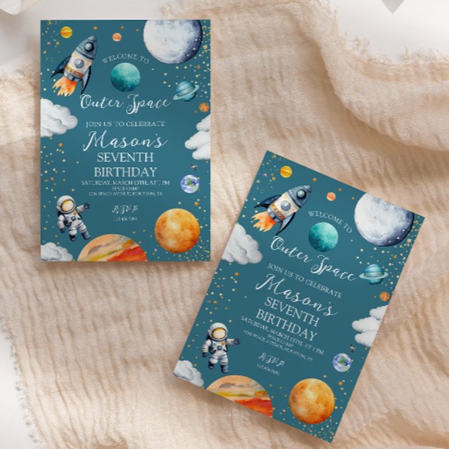 Invitation Fusée spatiale extérieure bleue et anniversaire de (Créateur téléchargé)
