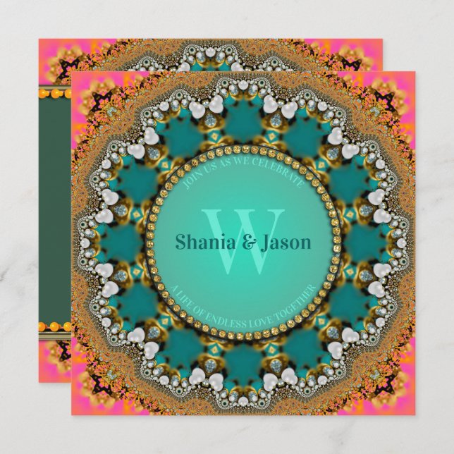 Invitation Fusion Tribale Eastern Jewel Turquoise Or & Rose C (Devant / Derrière)