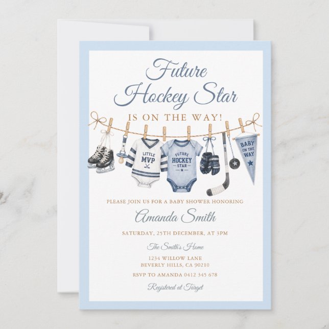 Invitation Futur bébé star de hockey Fête de naissance Bleu S (Devant)