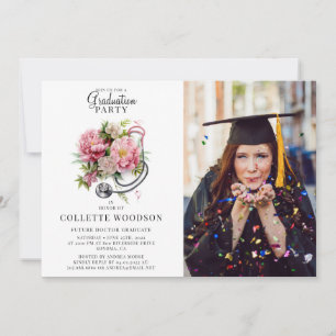 Invitation Futur Docteur Floral Stethoscope Photo Graduation