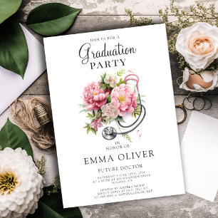 Invitation Futur Docteur Pink Floral Stethoscope Graduation