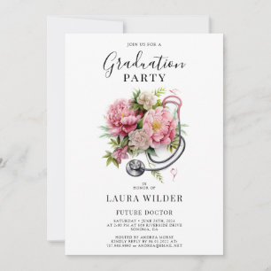 Invitation Futur Docteur Pink Floral Stethoscope Graduation