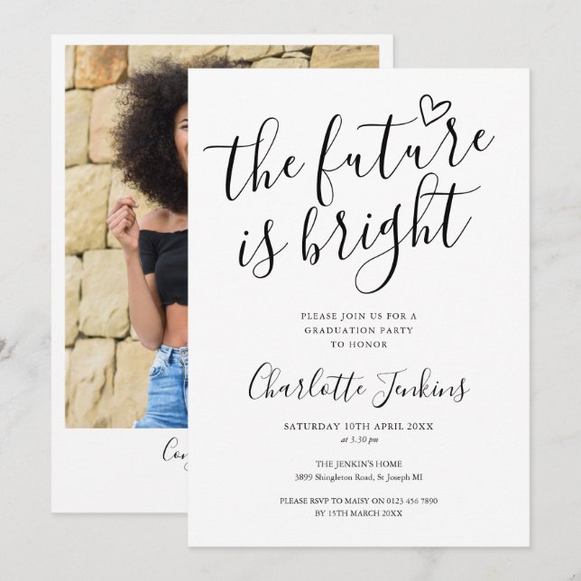 Invitation Futur lumineux Script Coeur Photo Graduation Party (Devant / Derrière)