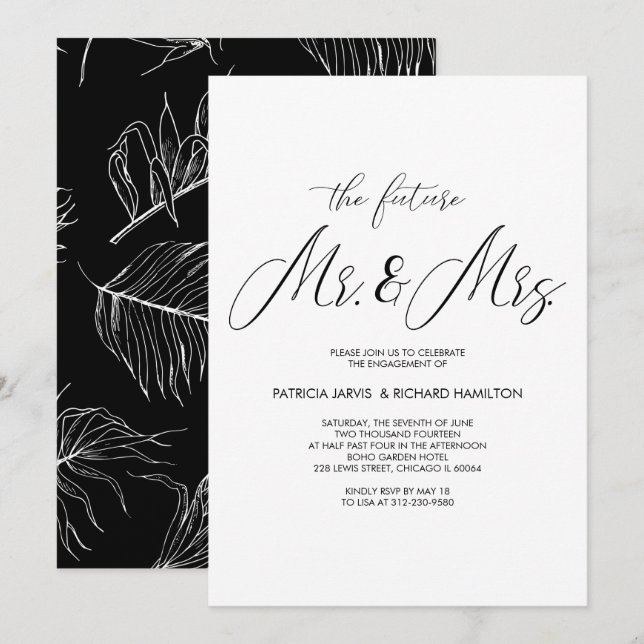 Invitation Futur M. et Mme. Texte chic pour fête de fiançaill (Devant / Derrière)
