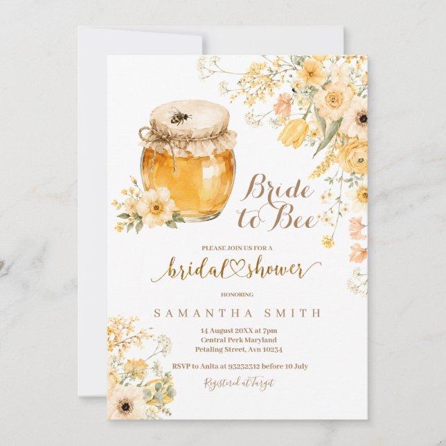Invitation Futur mariée en abeille pot à miel aquarelle Invit (Devant)