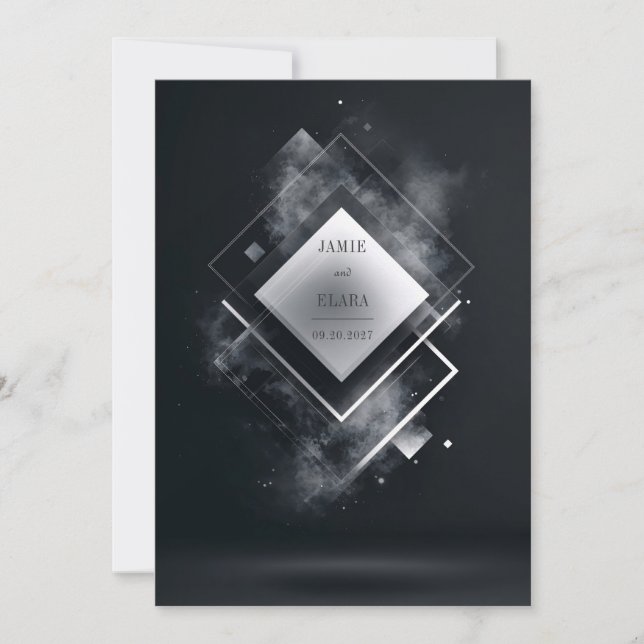 Invitation Futuriste Noir Blanc Géométrique Diamant Fumé (Devant)