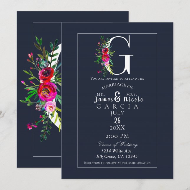 Invitation G Monogramme Dernière Initiale Moderne Bleu Floral (Devant / Derrière)