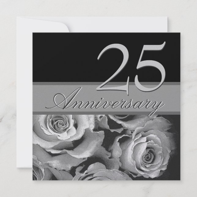 Invitation Gabarit métallisé Roses Argent 25e Anniversaire (Devant)