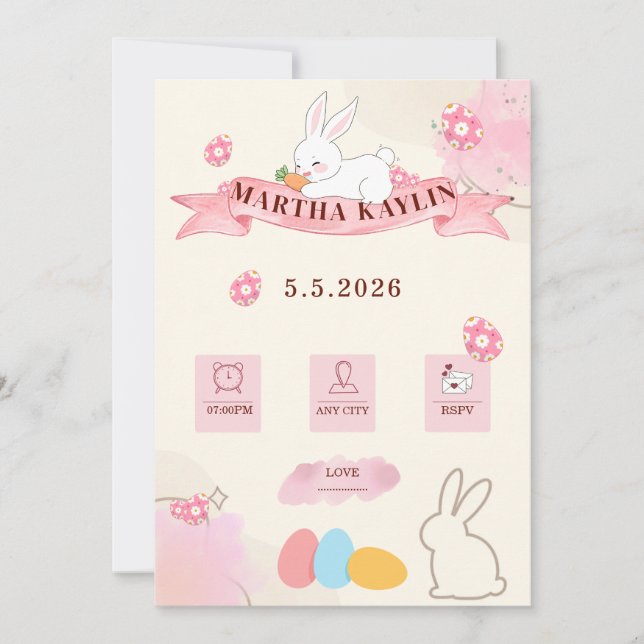 Invitation Gabarit Pastel de Lapin Mignon pour Baby Shower (Devant)