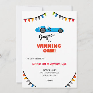 Invitation Gagner une voiture de course bleue Anniversaire