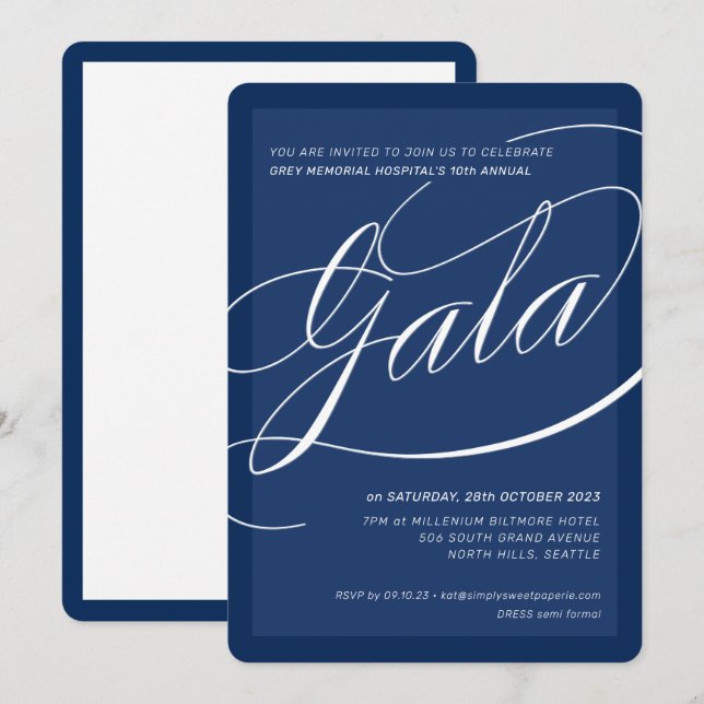 Invitation GALÀ DE CHARITÉ élégant calligraphie formelle bleu (Devant / Derrière)