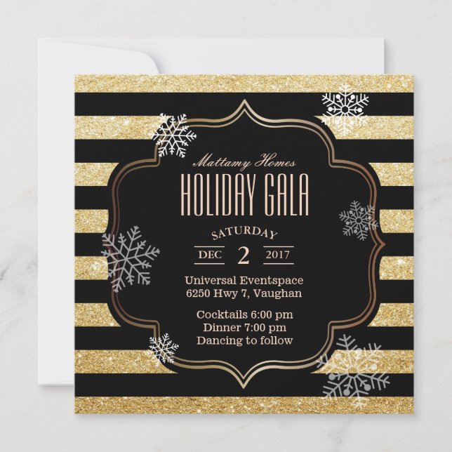 Invitation Gala de Gala Black & Gold Stripes Snowflakes (Devant)