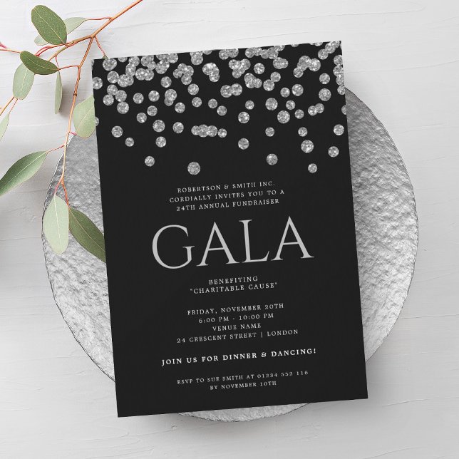 Invitation Gala d'entreprise officiel Silver Blac Parties sci (Formal Corporate Gala Silver Blac Glitter Confetti Invitation)