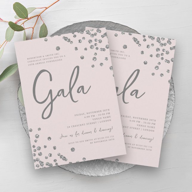 Invitation Gala d'entreprise officiel Silver Confetti Blush P (Formal Corporate Gala Silver Confetti Blush Pink Invitation)