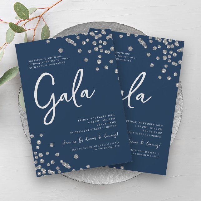 Invitation Gala d'entreprise officiel Silver Confetti Marine (Formal Corporate Gala Silver Confetti Navy Invitation)