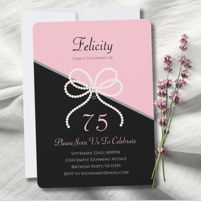 Invitation Gala des 75 ans de Chic Simplement Époustouflant R (Invite guests to a Chic 75th Gala with this elegant pink & black pearl bow invitation.)