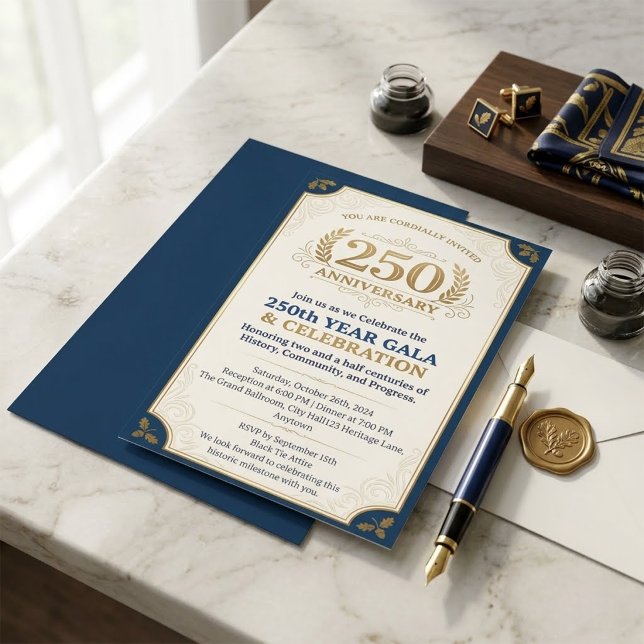 Invitation Gala élégant Navy & Or 250e anniversaire (Créateur téléchargé)