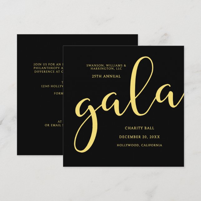 Invitation Gala Event Charity Fundraiser Elegant Black Gold (Devant / Derrière)