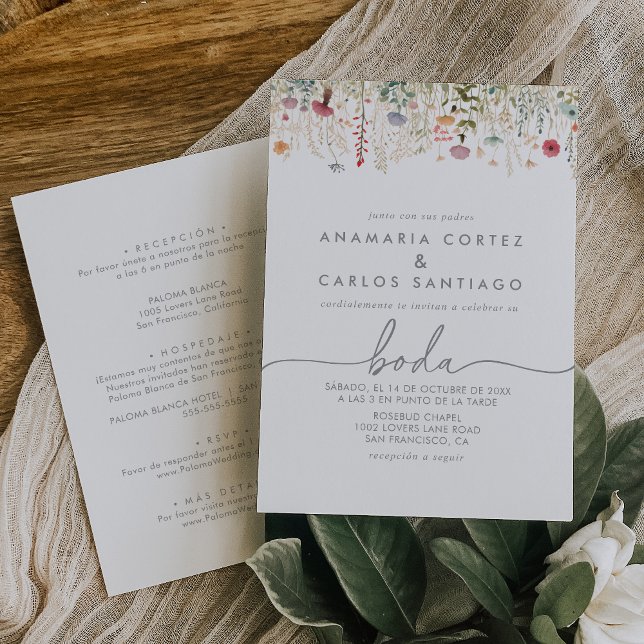 Invitation Galant Wildflower Espagnol Mariage Avant & Arrière (Créateur téléchargé)