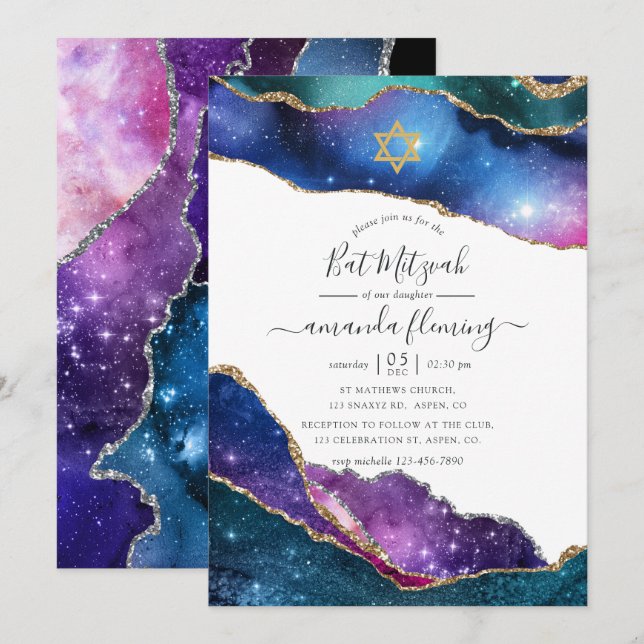 Invitation Galaxie Agate Bar Mitzvah (Devant / Derrière)