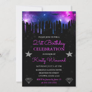 Invitation Galaxie bleue et violette Marbre 21e anniversaire