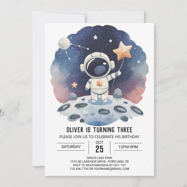 Invitation Galaxie céleste en ligne astronaute garçon Anniver (Devant)