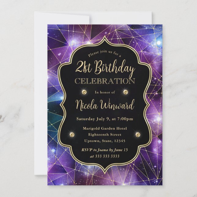 Invitation Galaxie Cristal Minuit Violet 21e Anniversaire (Devant)