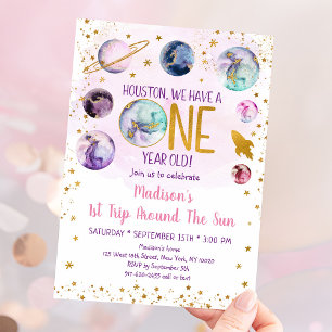 Invitation Galaxie de l'espace rose Premier anniversaire