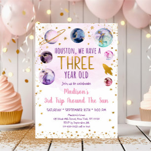 Invitation Galaxie de l'espace rose Troisième anniversaire