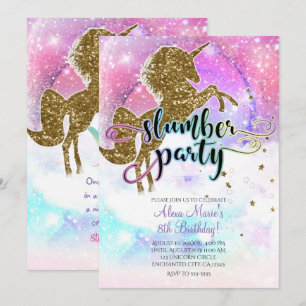 Invitation Galaxie Rose Licorne Magique Soirée Pyjama Étincel