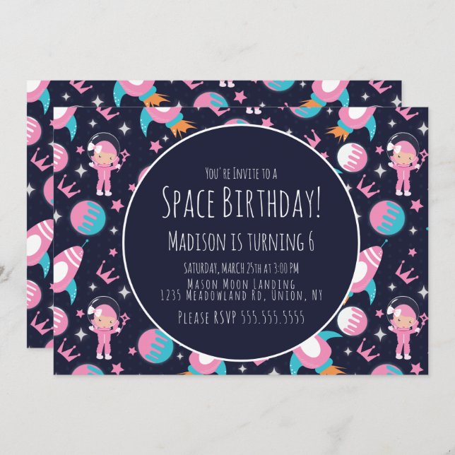 Invitation Galaxie spatiale Princesse Rose Astronaut Annivers (Devant / Derrière)