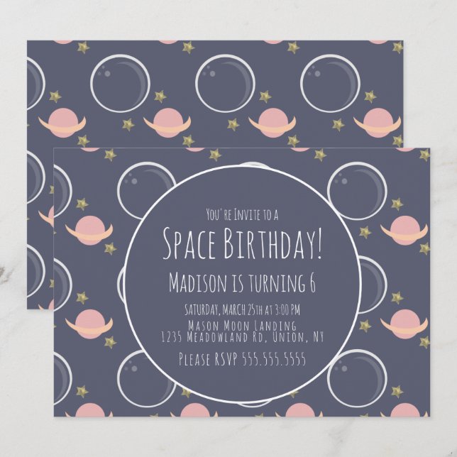 Invitation Galaxie spatiale rose Lune Anniversaire en feuille (Devant / Derrière)