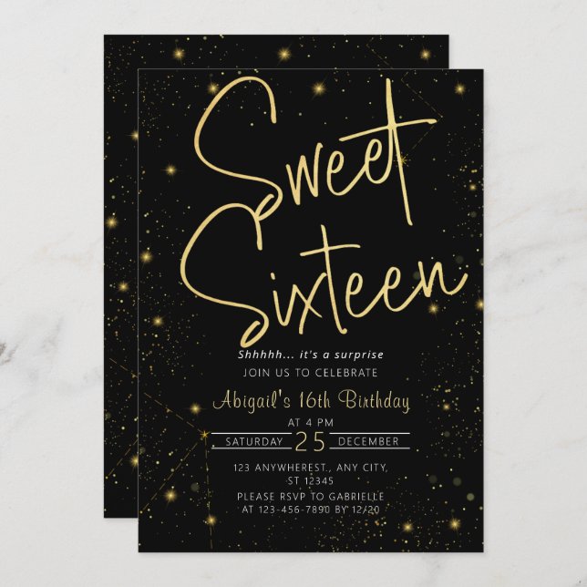 Invitation Galaxy Black Gold Sweet 16e fête d'anniversaire (Devant / Derrière)